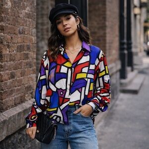 Big Dart Multicolor Abstract Print L Blouse Colorblock Graphic Retro 90s Artsy